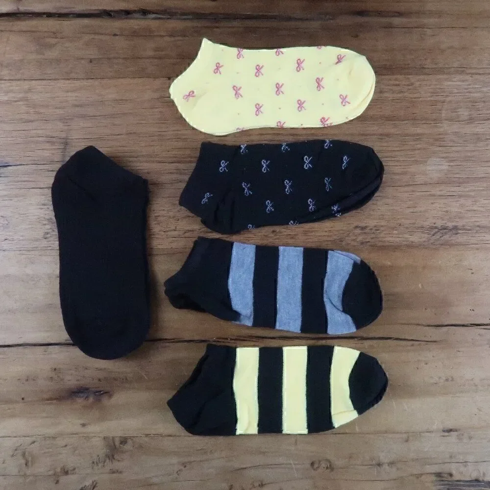 5 PAIR BLACK GREY & YELLOW ANKLE SOCKS WOMENS SIZE 5 TO 8 NWT